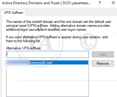 Alternative UPN suffix added in Active Directory Domains and Trusts on DC01.yasserteach.local.