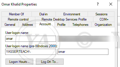 Omar Khalid's Account properties showing the cloud-compatible UPN suffix applied to the user logon name (domain value blurred for privacy).