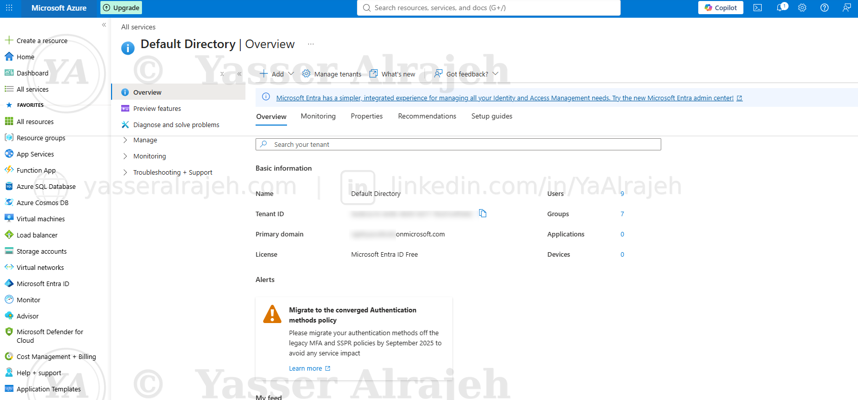 Microsoft Entra ID (Default Directory) overview — Tenant ID and primary domain redacted for portfolio publication.