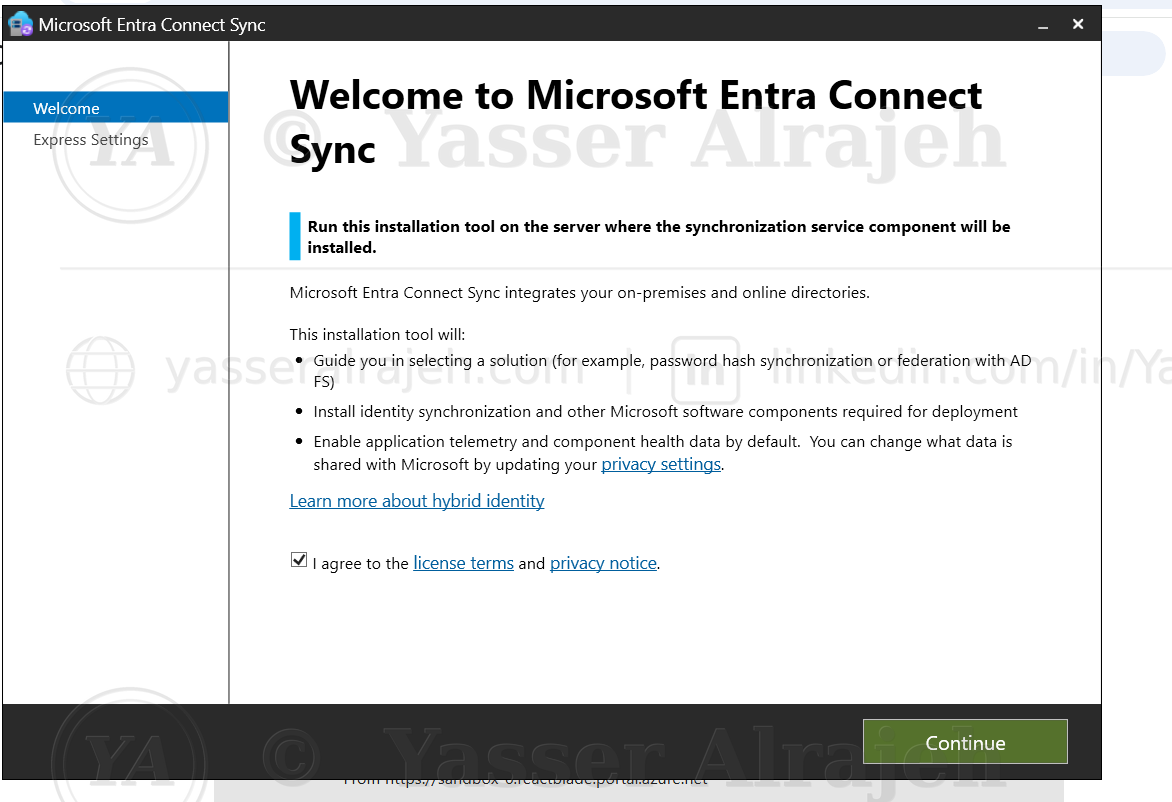 Microsoft Entra Connect Sync installation wizard — Welcome screen, Custom Installation path.