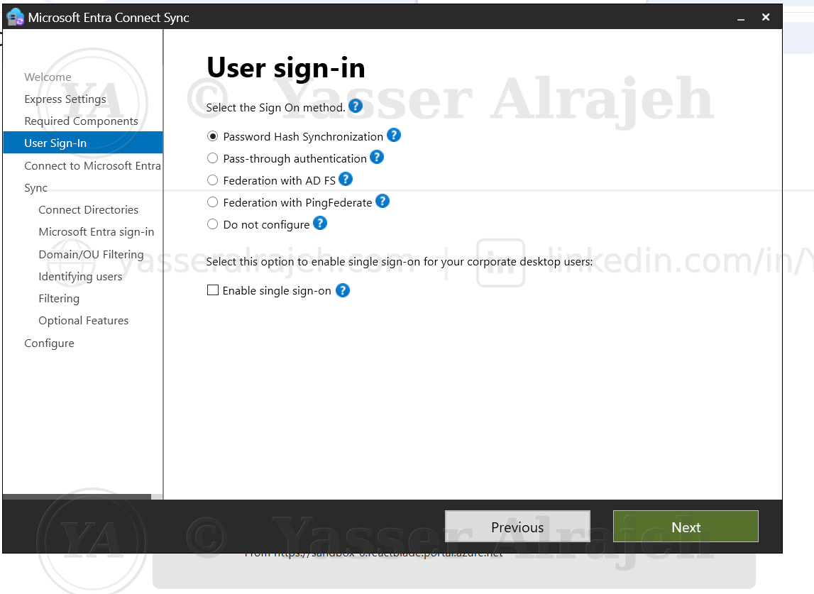 User Sign-In step of the installation wizard — Password Hash Synchronization selected, single sign-on disabled.