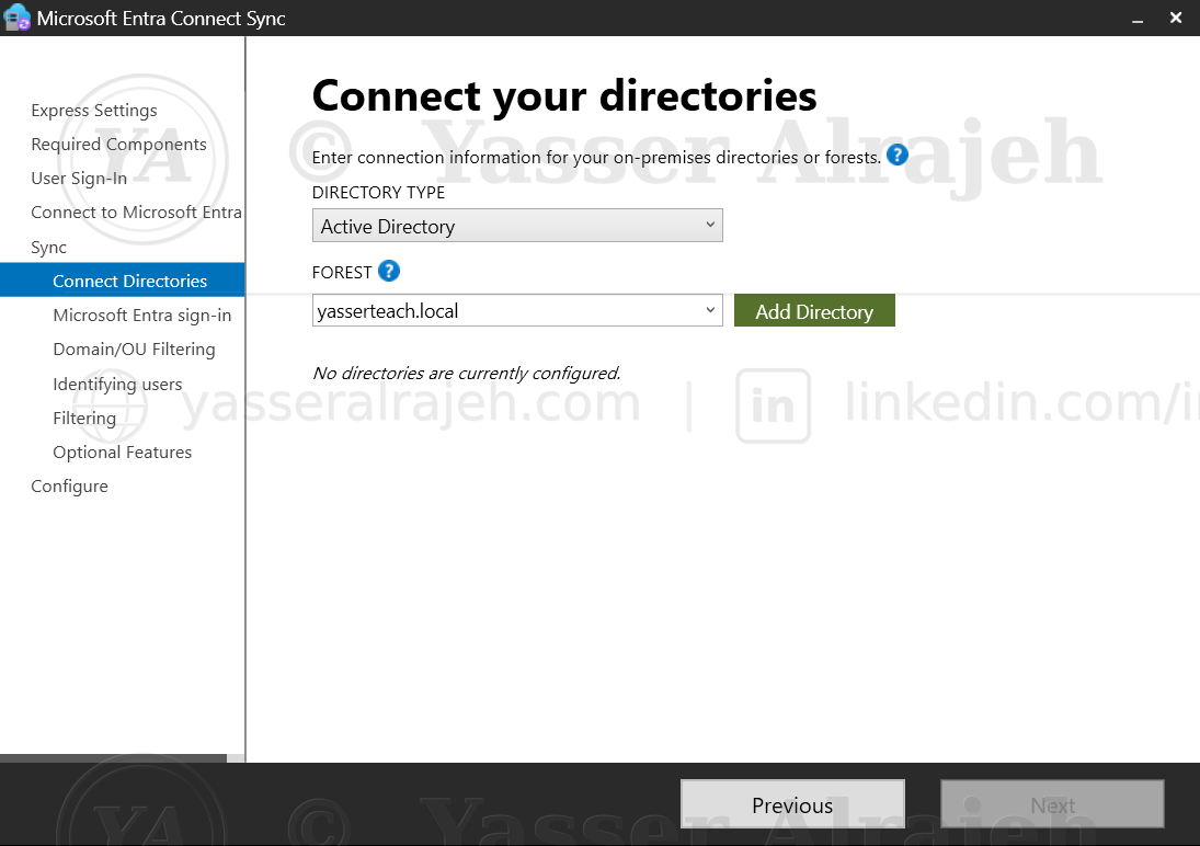 Connect your directories step — the yasserteach.local forest entered before being added.