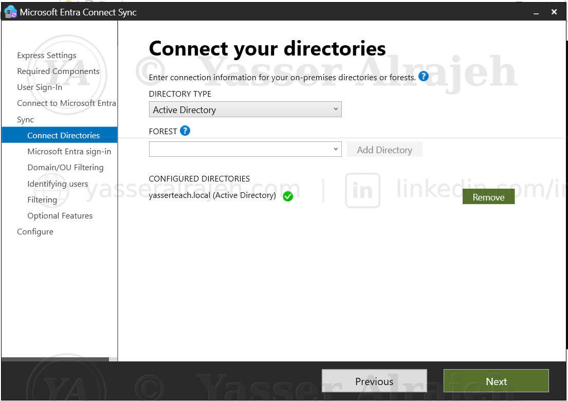 Connect your directories step — yasserteach.local forest successfully configured and verified.