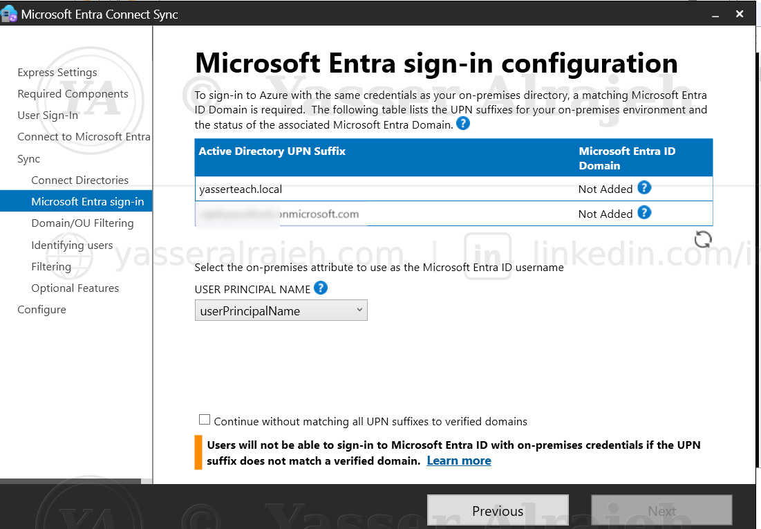 Microsoft Entra sign-in configuration — UPN suffix mapping table for the on-premises domain.