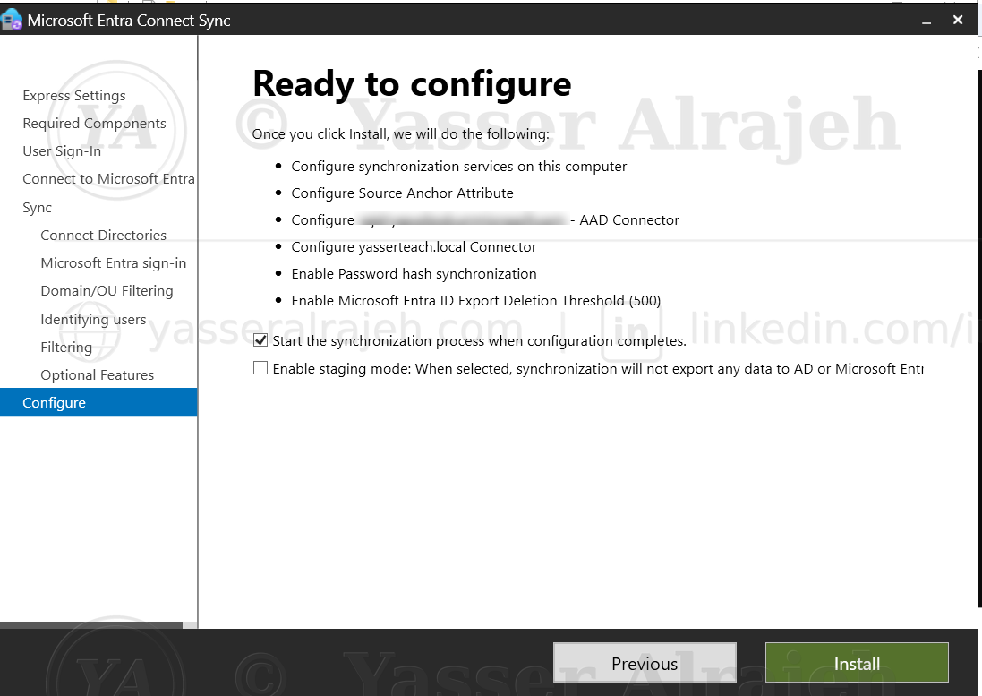 Ready to configure summary — final review before installing Microsoft Entra Connect Sync (tenant domain blurred for privacy).