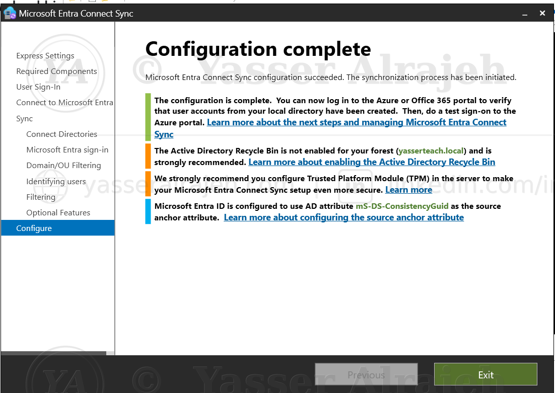 Configuration complete — Microsoft Entra Connect Sync installation finished and synchronization initiated.