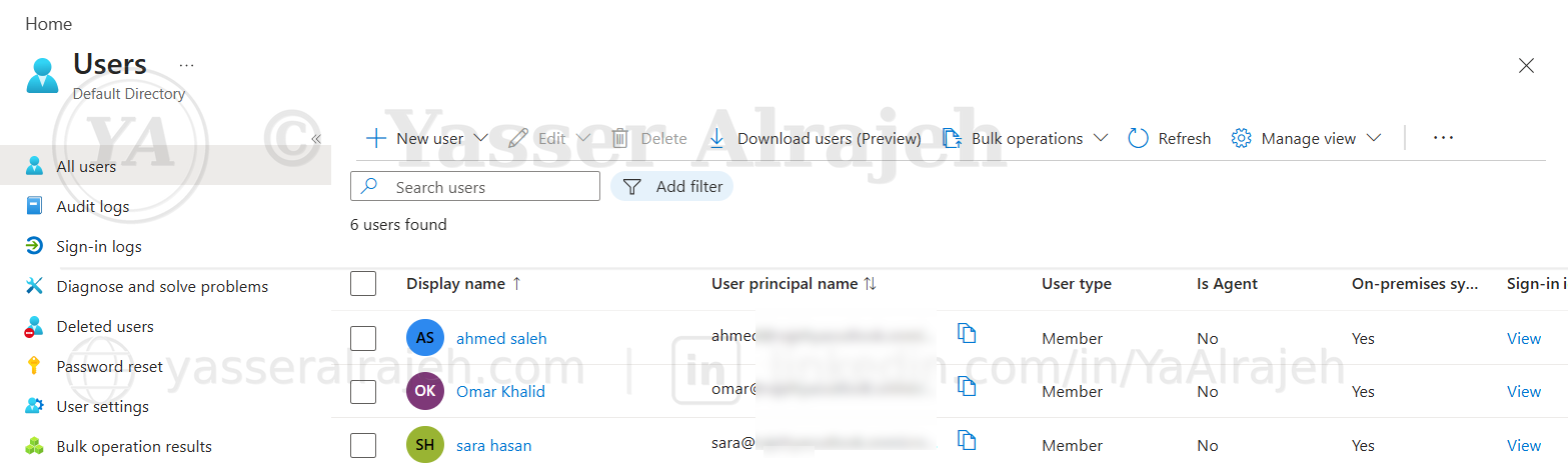 Microsoft Entra ID Users list confirming the three project identities were synchronized successfully.