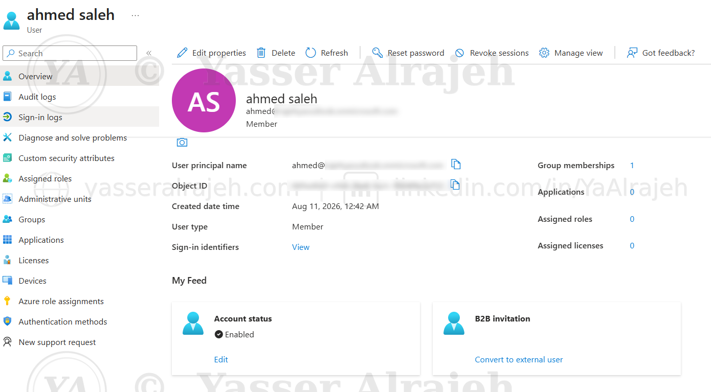 Ahmed Saleh's synchronized user object in Microsoft Entra ID, confirmed as an on-premises synced member account.