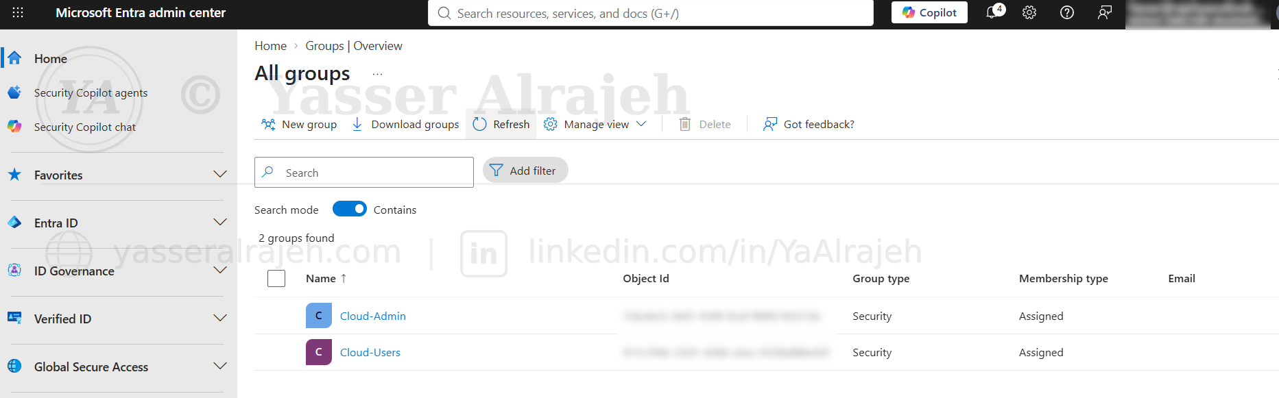 Microsoft Entra ID Groups list confirming Cloud-Admin and Cloud-Users were synchronized as Security groups.