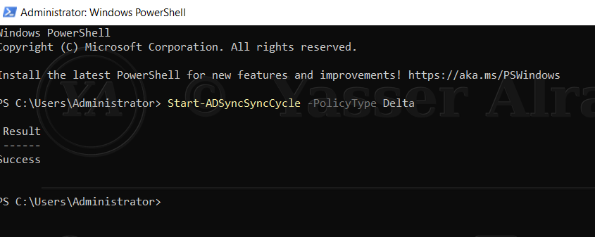PowerShell Delta Synchronization cycle triggered on DC01 using Start-ADSyncSyncCycle, returning Success.