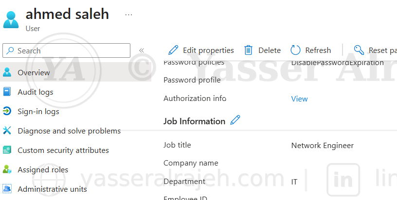 Ahmed Saleh's Microsoft Entra ID profile showing the Job Title and Department synchronized from Active Directory via Delta Sync.