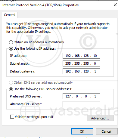 Corrected TCP/IPv4 configuration on DC01 — static IP, subnet mask, and default gateway set, with the DNS server pointed to the local host (127.0.0.1).