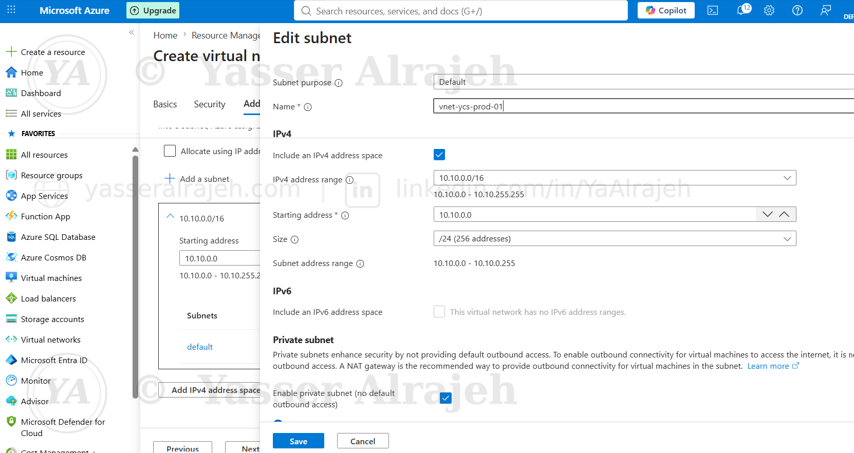 Production VNet address space and subnet configuration