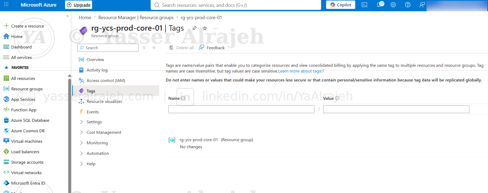 Resource group Tags blade before values were added