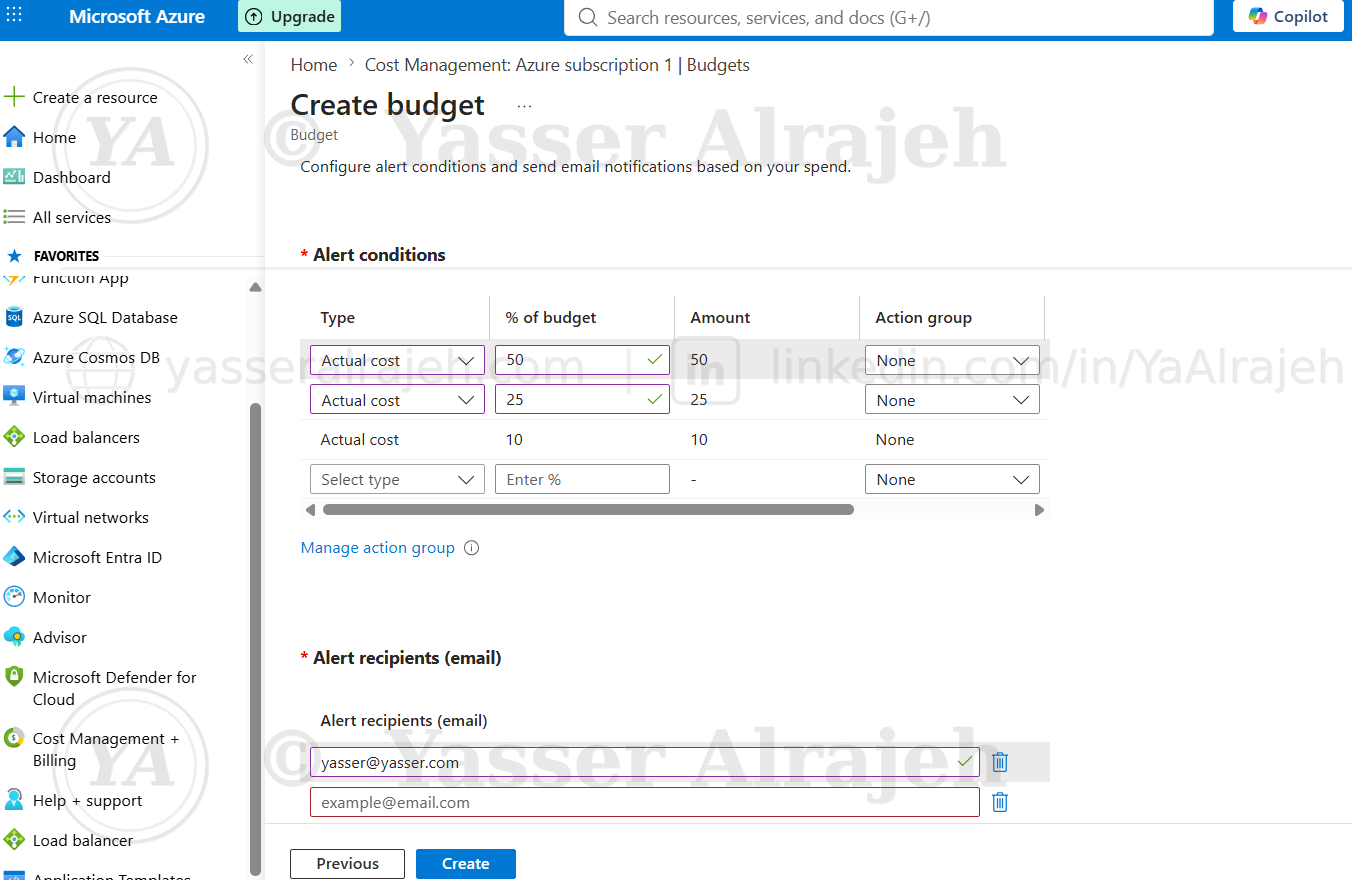 Azure budget alert configuration