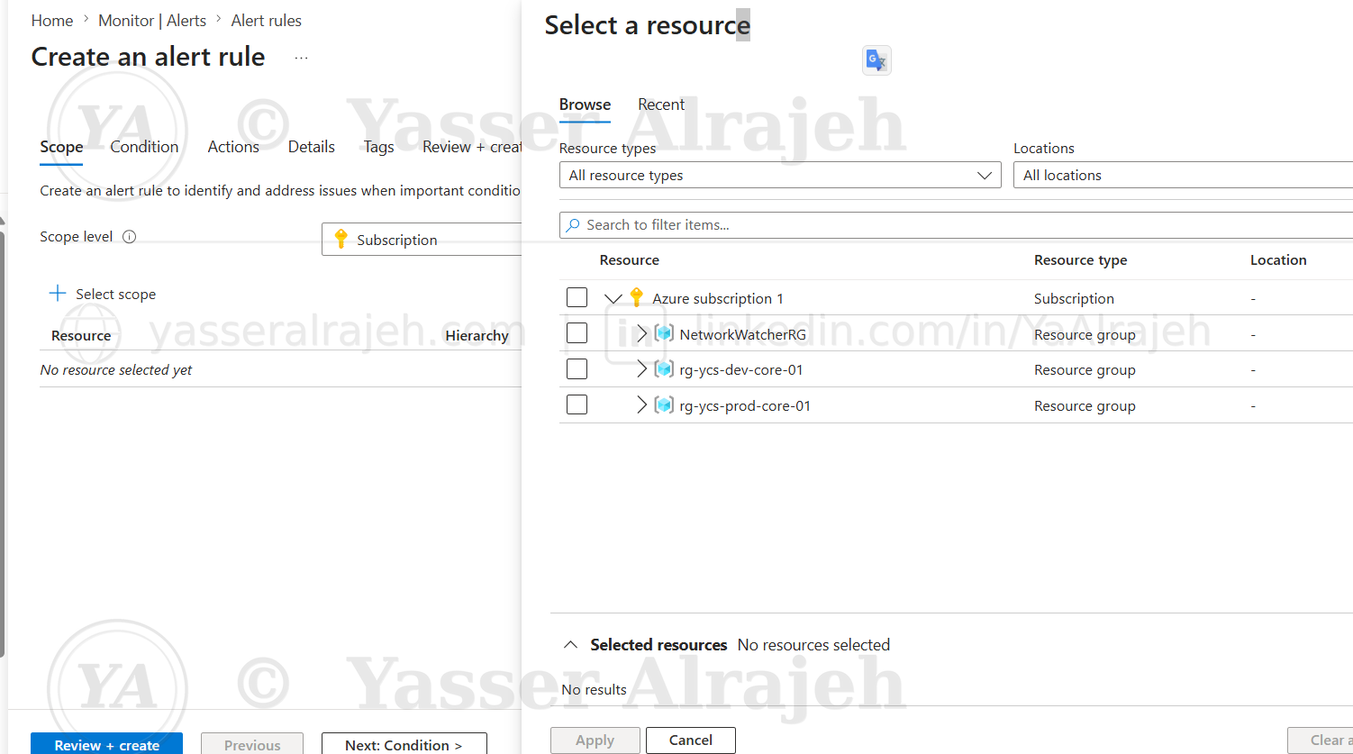 Azure Monitor alert rule resource selection